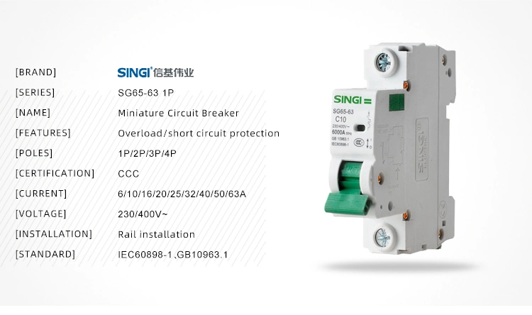 Singi Sg65 6ka 1p 63A Electric Low Voltage MCB Miniature Circuit Breaker